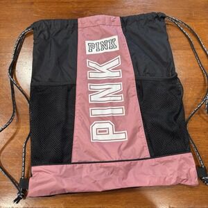 Women Drawstring Backpack PINK With Black Straps PINK Logo